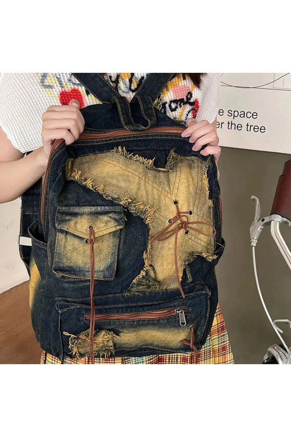 Distressed Vintage Denim Backpack - Y2K Outfits for Women & Girls