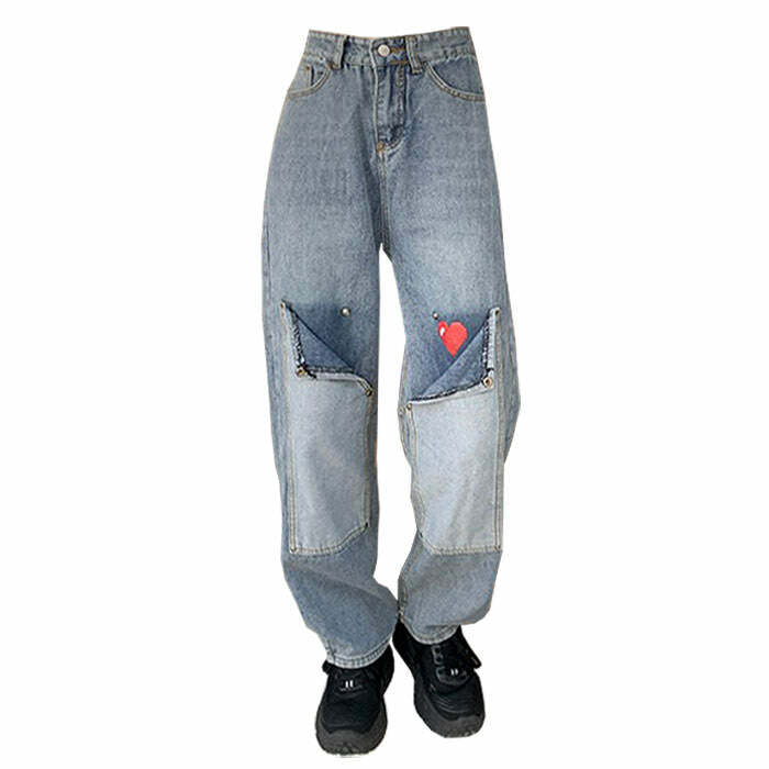 Early 2000s Pixel Heart Wide Jeans - Trendy Y2K Outfits for Women