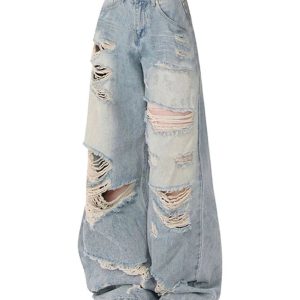 Extreme Distressed Baggy Jeans - Y2K Outfits for Women, Grunge Style