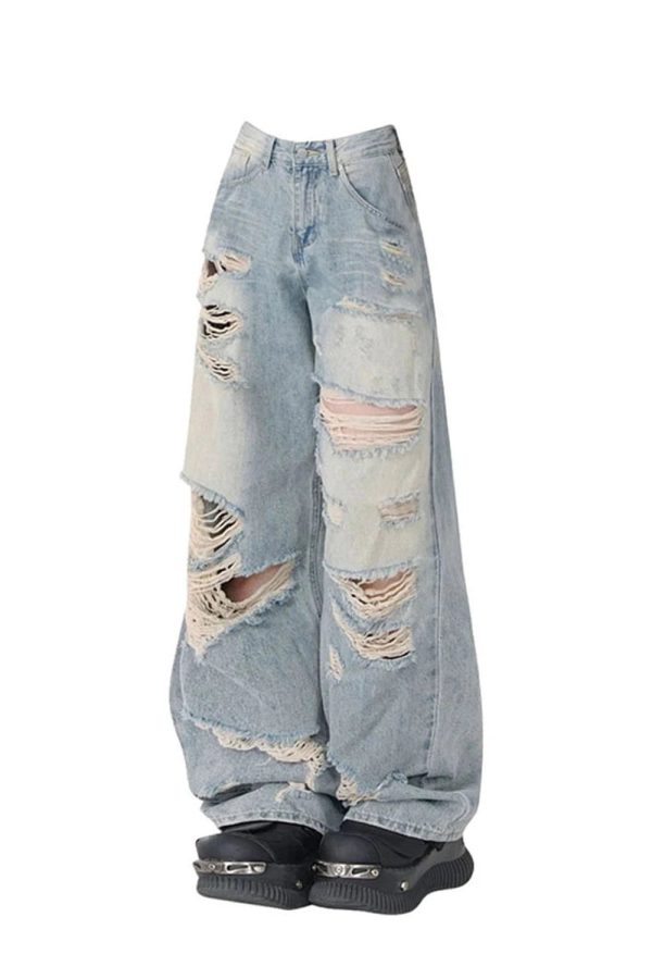 Extreme Distressed Baggy Jeans - Y2K Outfits for Women, Grunge Style