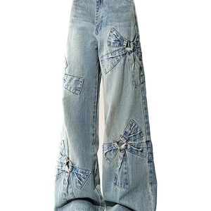 Fall Bow-Accent Wide-Leg Jeans - Trendy Y2K Outfits for Women