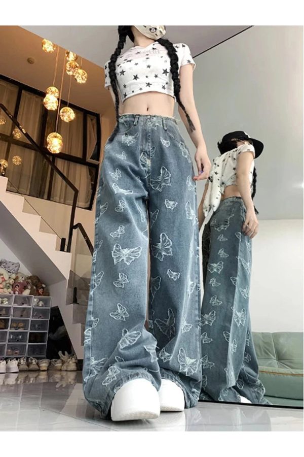 Fall Butterfly Dream Wide-Leg Jeans - Y2K Outfits for Women & Girls