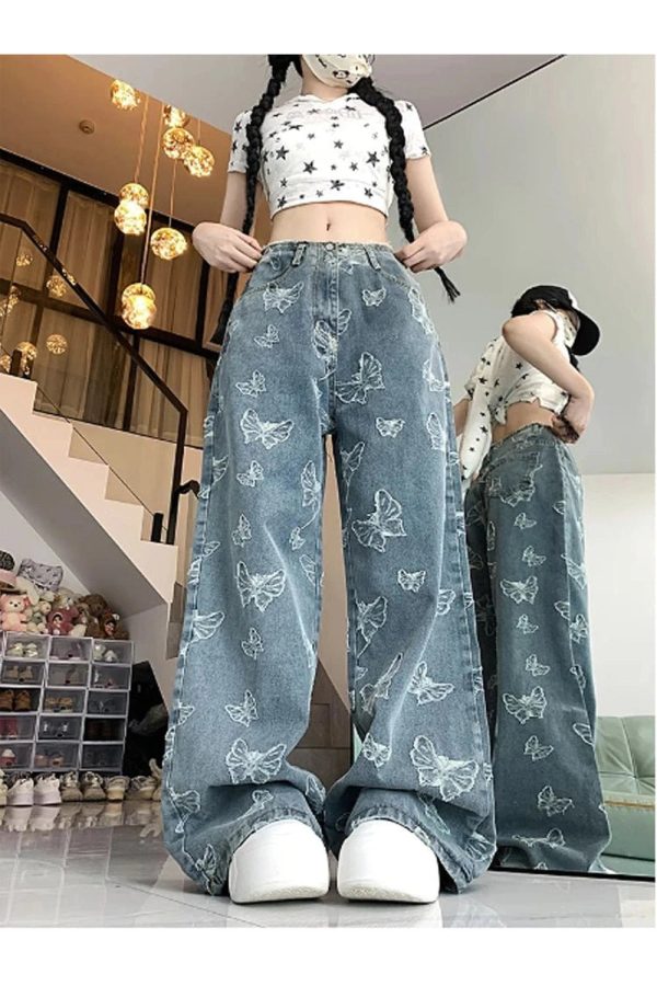 Fall Butterfly Dream Wide-Leg Jeans - Y2K Outfits for Women & Girls