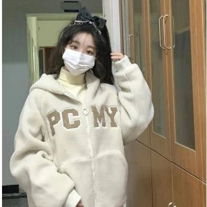 Fall Cozy Varsity Fleece Zip-Up Hoodie | Y2K Outfits for Women