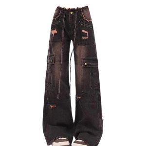 Fall Dark Cargo Distressed Jeans - Y2K Outfits for Women, Trendy Style