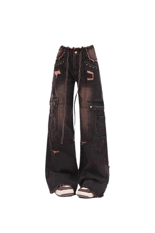 Fall Dark Cargo Distressed Jeans - Y2K Outfits for Women, Trendy Style