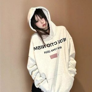 Fall Edgy Reverse Text Oversized Hoodie - Y2K Outfits for Women