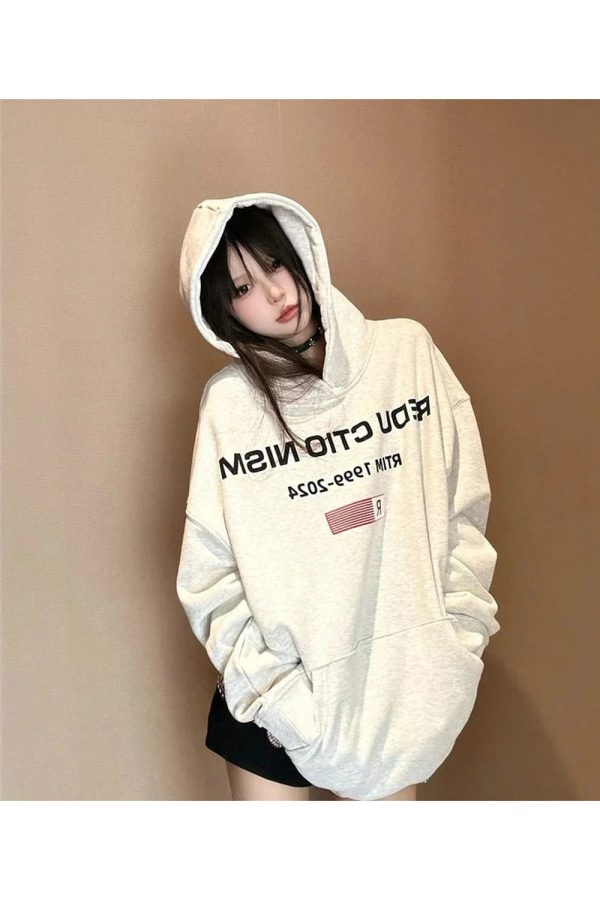 Fall Edgy Reverse Text Oversized Hoodie - Y2K Outfits for Women