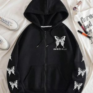 Fall Gothic Butterfly Zip-Up Hoodie - Y2K Outfits for Women, Emo Style