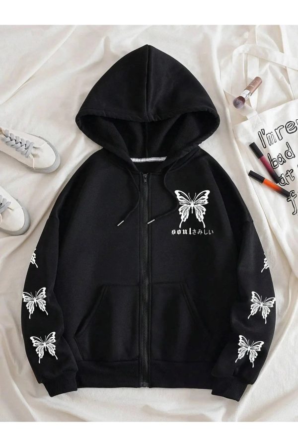 Fall Gothic Butterfly Zip-Up Hoodie - Y2K Outfits for Women, Emo Style