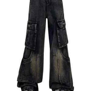 Fall Gothic Cargo Flare Jeans - Y2K Outfits for Women, Emo & Grunge Style