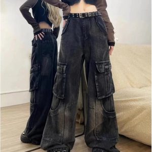 Fall Gothic Cargo Flare Jeans - Y2K Outfits for Women, Emo & Grunge Style