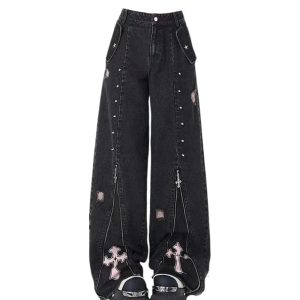 Fall Gothic Cross Flare Jeans - Y2K Outfits for Women, Emo & Grunge Style