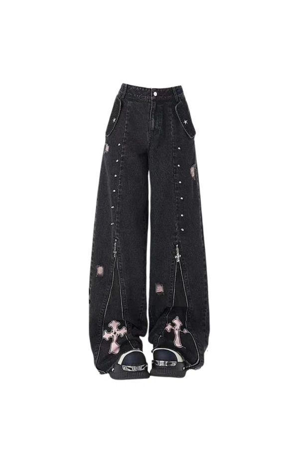 Fall Gothic Cross Flare Jeans - Y2K Outfits for Women, Emo & Grunge Style