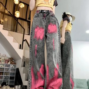 Fall Graffiti Splash Wide-Leg Jeans - Trendy Y2K Outfits for Women