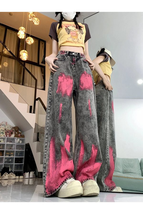 Fall Graffiti Splash Wide-Leg Jeans - Trendy Y2K Outfits for Women