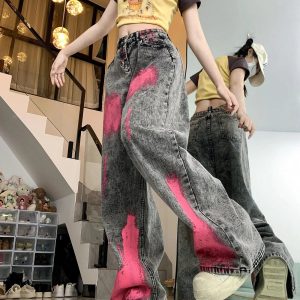 Fall Graffiti Splash Wide-Leg Jeans - Trendy Y2K Outfits for Women