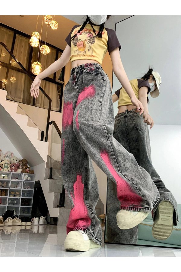 Fall Graffiti Splash Wide-Leg Jeans - Trendy Y2K Outfits for Women