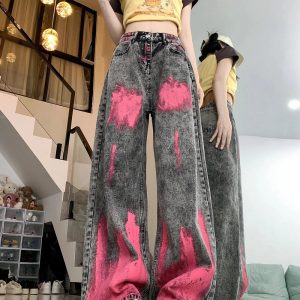 Fall Graffiti Splash Wide-Leg Jeans - Trendy Y2K Outfits for Women