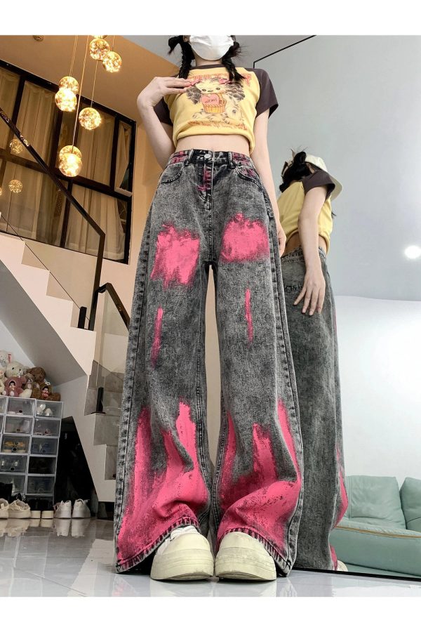 Fall Graffiti Splash Wide-Leg Jeans - Trendy Y2K Outfits for Women