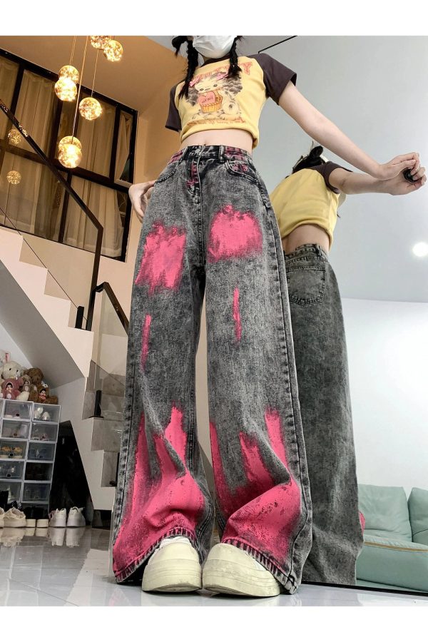 Fall Graffiti Splash Wide-Leg Jeans - Trendy Y2K Outfits for Women