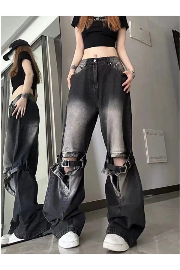 Fall Grunge Buckle Wide-Leg Jeans - Y2K Outfits for Women & Emo Style