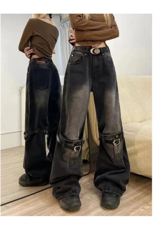 Fall Grunge Buckle Wide-Leg Jeans - Y2K Outfits for Women & Emo Style