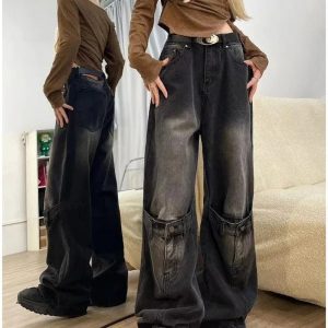 Fall Grunge Buckle Wide-Leg Jeans - Y2K Outfits for Women & Emo Style