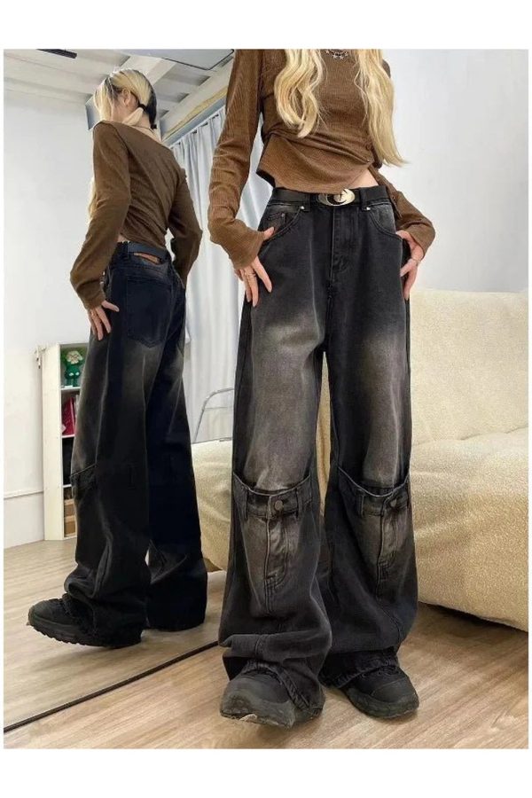 Fall Grunge Buckle Wide-Leg Jeans - Y2K Outfits for Women & Emo Style