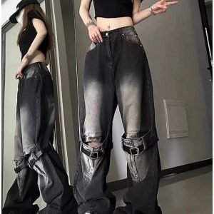 Fall Grunge Buckle Wide-Leg Jeans - Y2K Outfits for Women & Emo Style