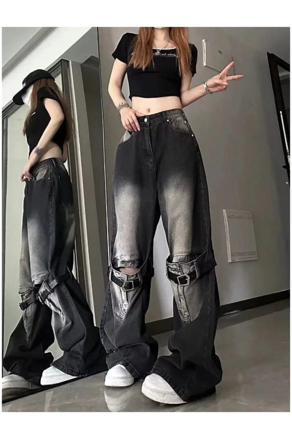 Fall Grunge Buckle Wide-Leg Jeans - Y2K Outfits for Women & Emo Style