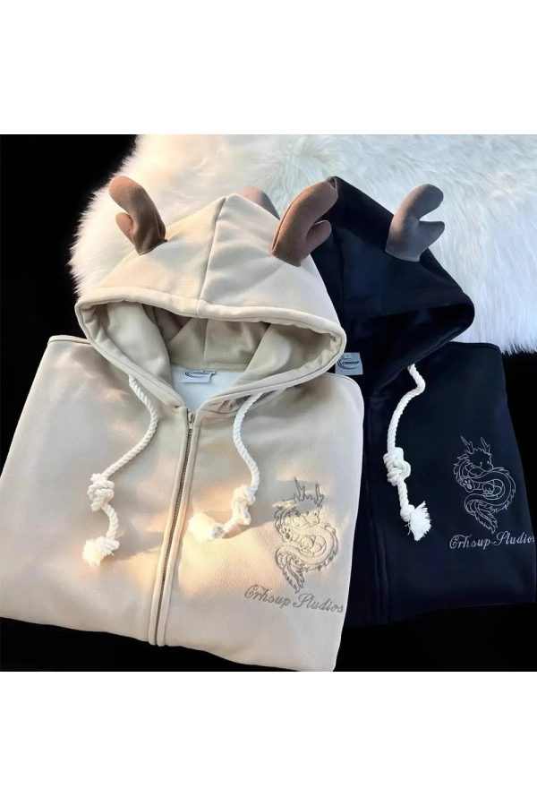 Fall Mystic Dragon Hoodie with Horns | Y2K Outfits Women Aesthetic