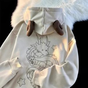 Fall Mystic Dragon Hoodie with Horns | Y2K Outfits Women Aesthetic