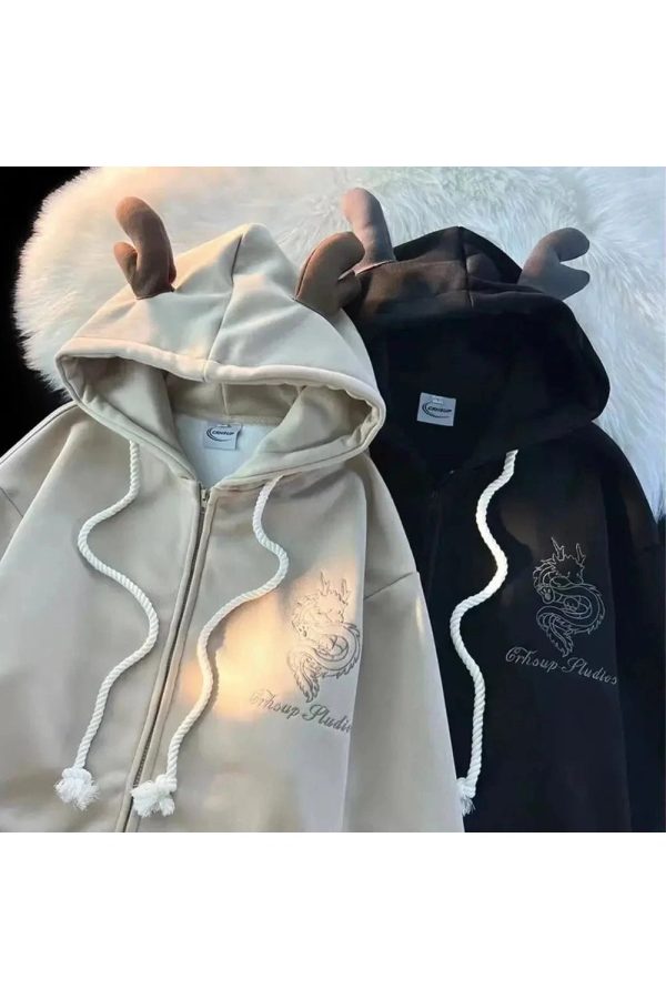 Fall Mystic Dragon Hoodie with Horns | Y2K Outfits Women Aesthetic