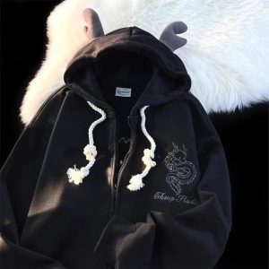 Fall Mystic Dragon Hoodie with Horns | Y2K Outfits Women Aesthetic