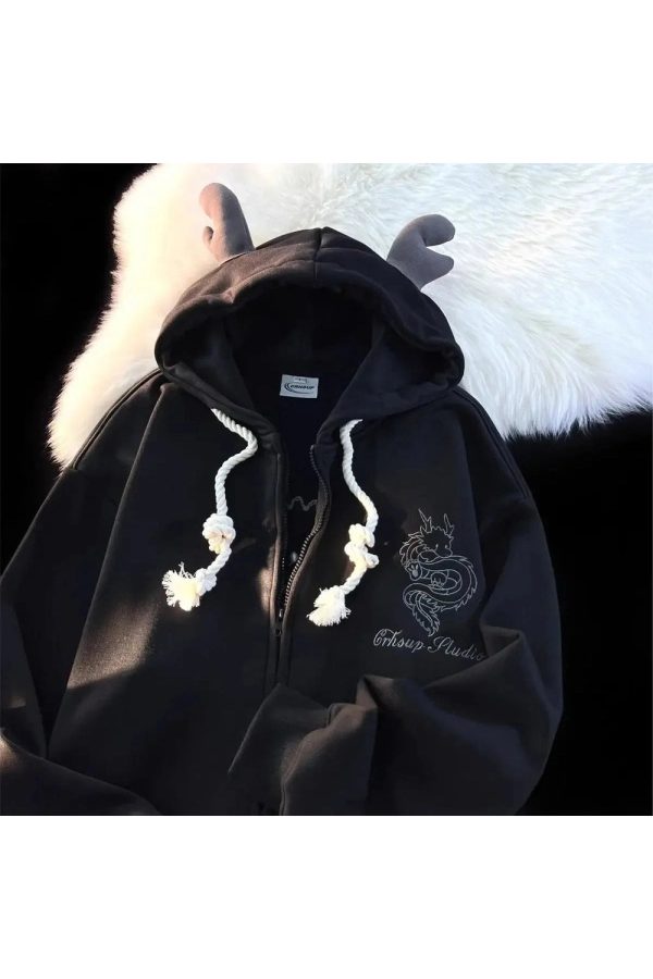 Fall Mystic Dragon Hoodie with Horns | Y2K Outfits Women Aesthetic