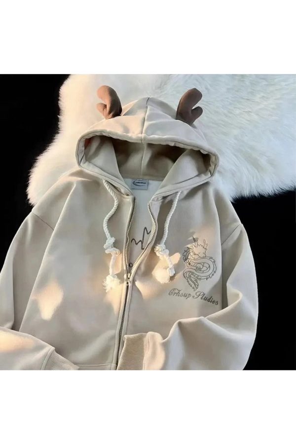 Fall Mystic Dragon Hoodie with Horns | Y2K Outfits Women Aesthetic