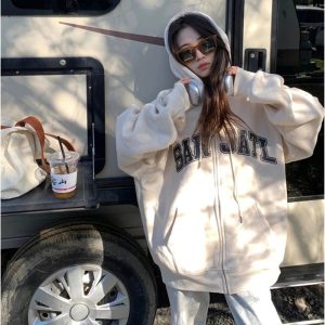 Fall Neutral Varsity Zip-Up Hoodie - Trendy Y2K Outfits for Women