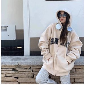 Fall Neutral Varsity Zip-Up Hoodie - Trendy Y2K Outfits for Women