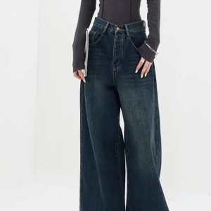 Fall Oversized Dark Wash Wide-Leg Jeans - Y2K Outfits for Women