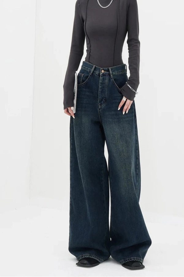 Fall Oversized Dark Wash Wide-Leg Jeans - Y2K Outfits for Women