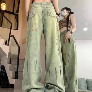 Fall Paint Splatter Grunge Wide-Leg Jeans | Y2K Outfits for Women