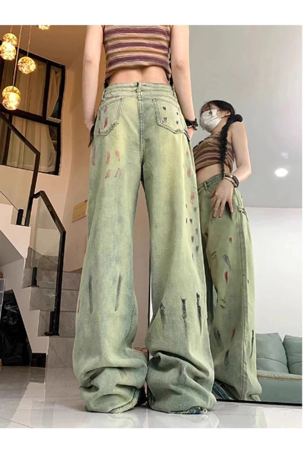 Fall Paint Splatter Grunge Wide-Leg Jeans | Y2K Outfits for Women