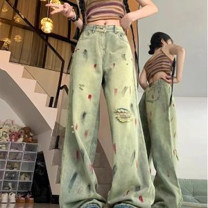 Fall Paint Splatter Grunge Wide-Leg Jeans | Y2K Outfits for Women