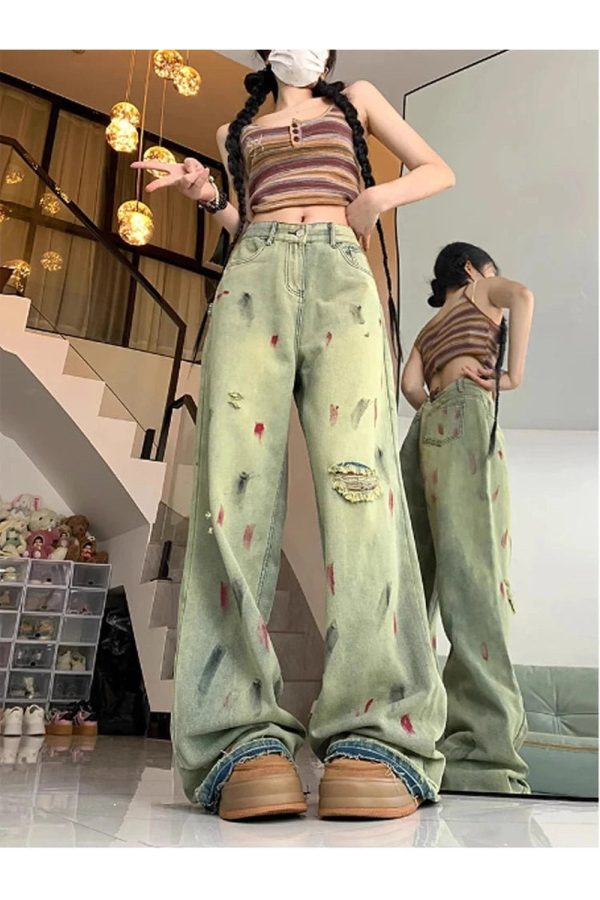 Fall Paint Splatter Grunge Wide-Leg Jeans | Y2K Outfits for Women