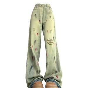 Fall Paint Splatter Grunge Wide-Leg Jeans | Y2K Outfits for Women