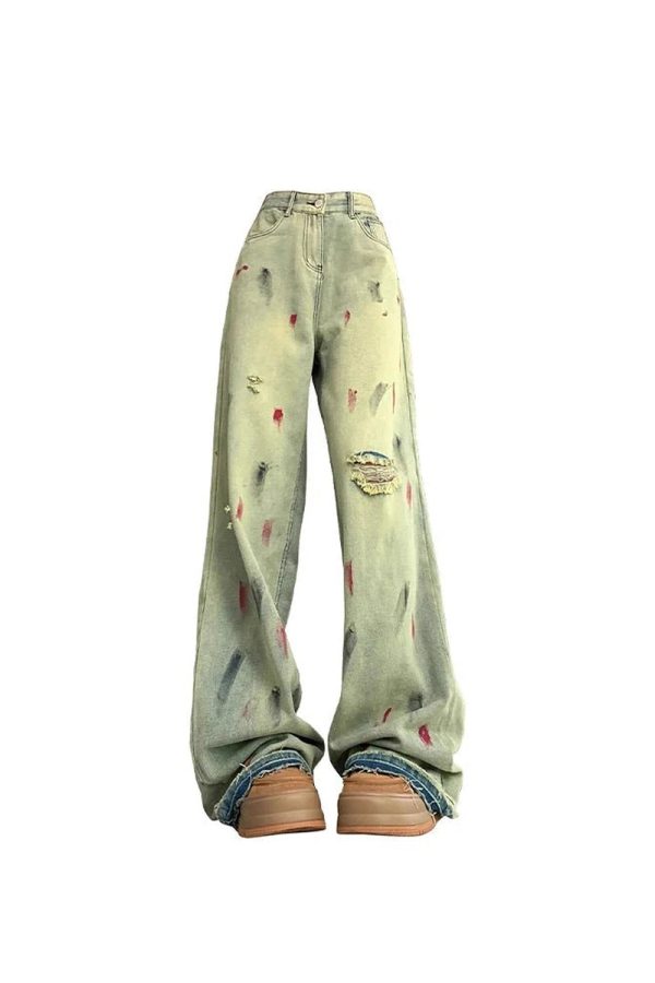 Fall Paint Splatter Grunge Wide-Leg Jeans | Y2K Outfits for Women