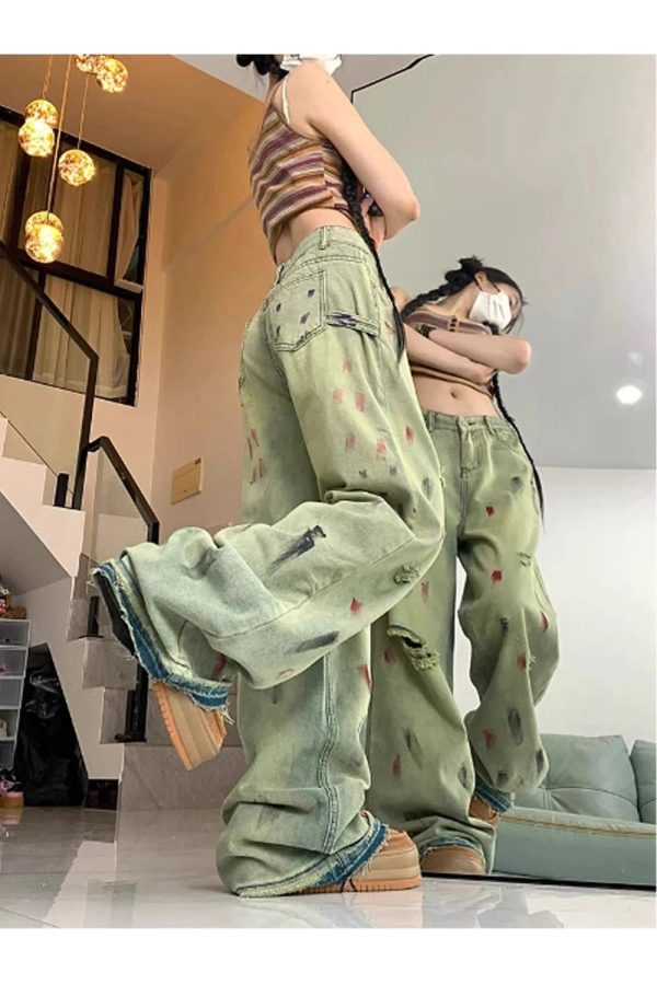 Fall Paint Splatter Grunge Wide-Leg Jeans | Y2K Outfits for Women