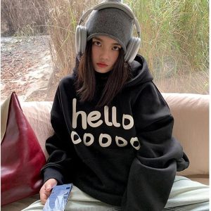 Fall Playful Hello Oversized Hoodie - Y2K Outfits for Women, Cute & Trendy