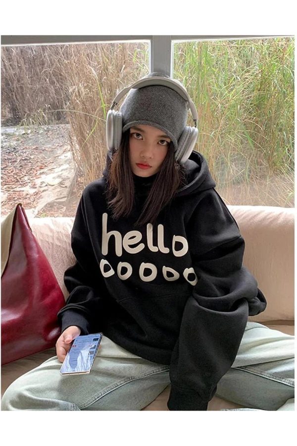 Fall Playful Hello Oversized Hoodie - Y2K Outfits for Women, Cute & Trendy